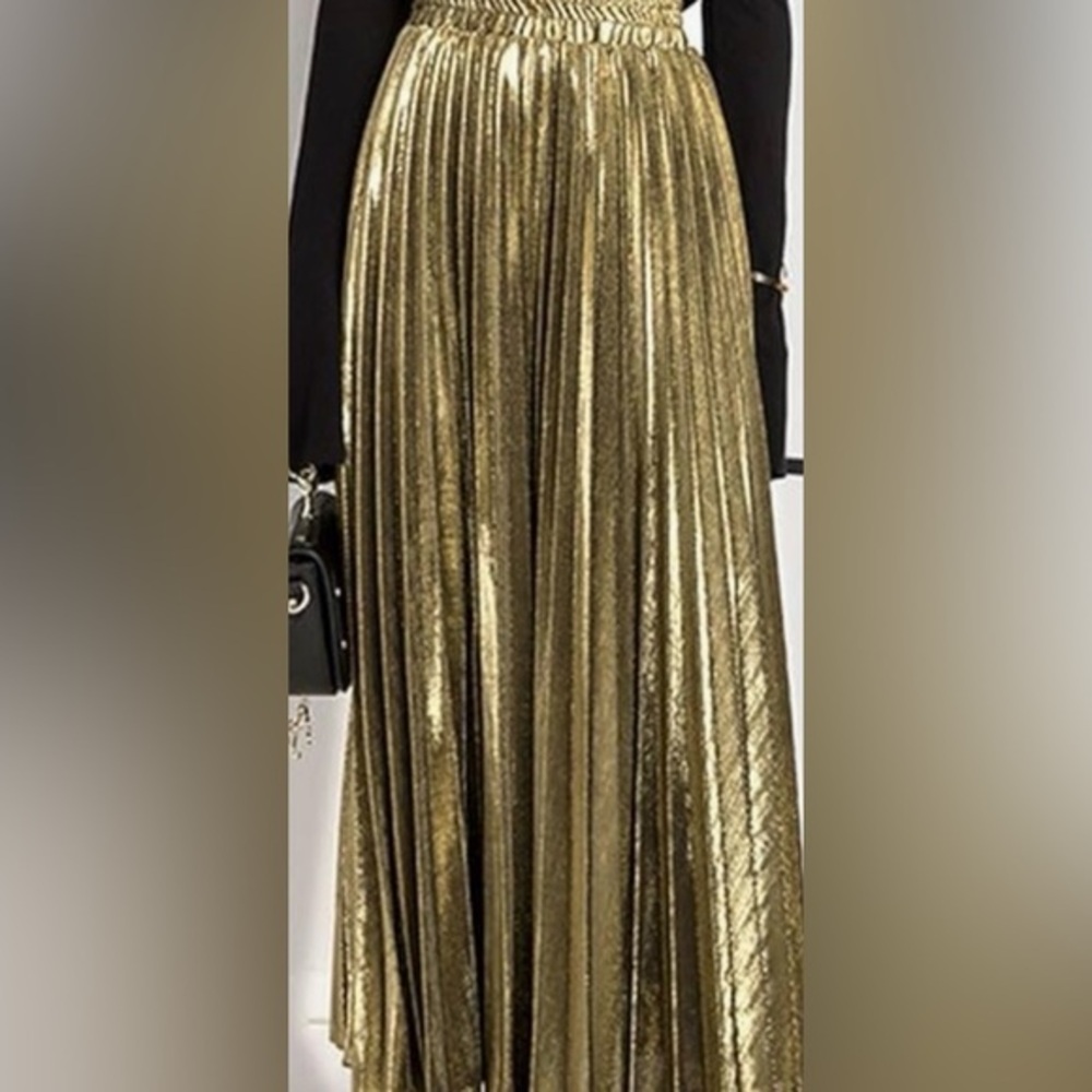 Size XL-2XL Metallic Pleated Maxi Skirt Elegant Gold Pleated Skirt
